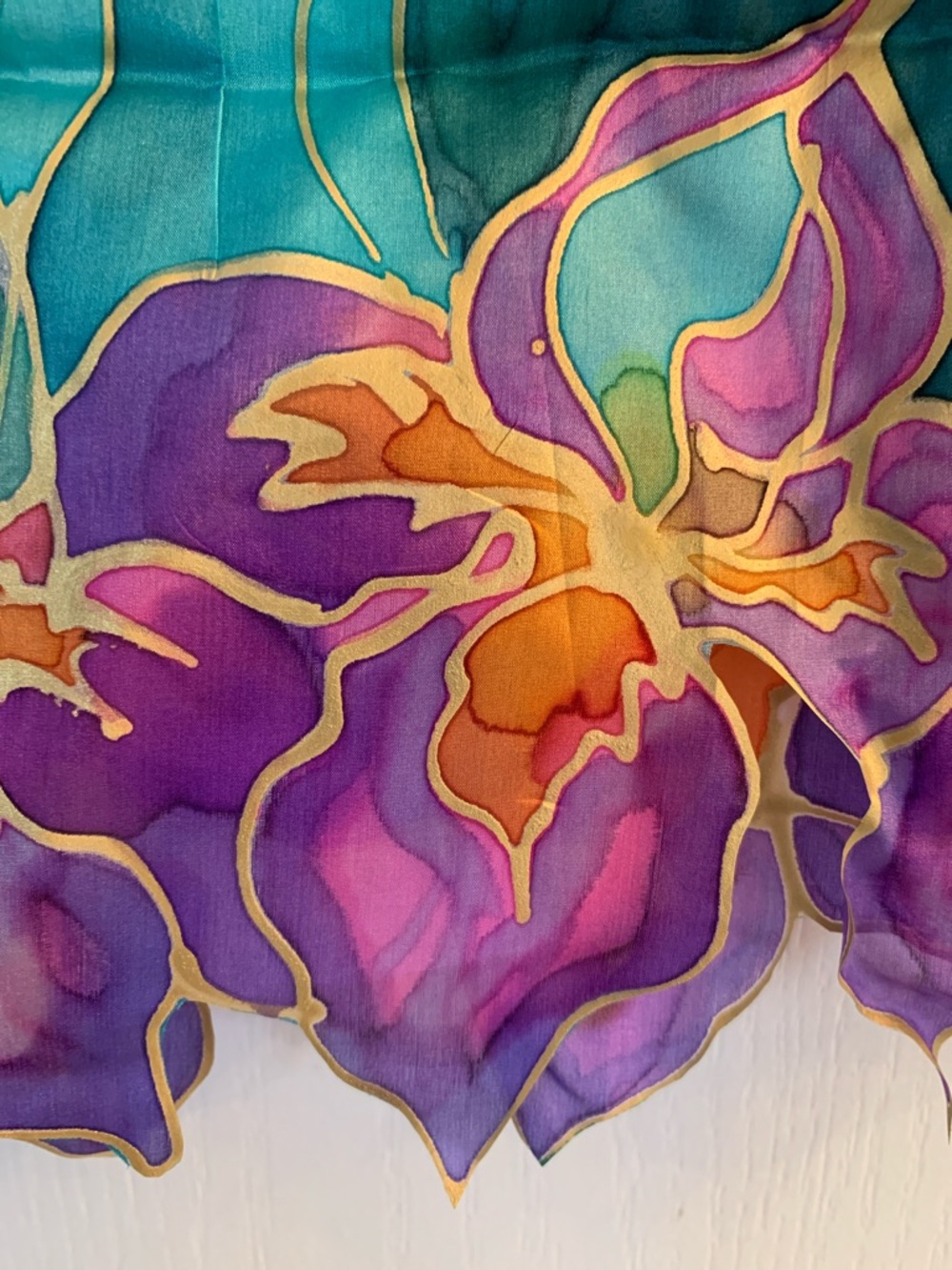 Hand-Painted & Signed Silk Scarf in Teal with Purple Floral Border - Picture 3 of 5